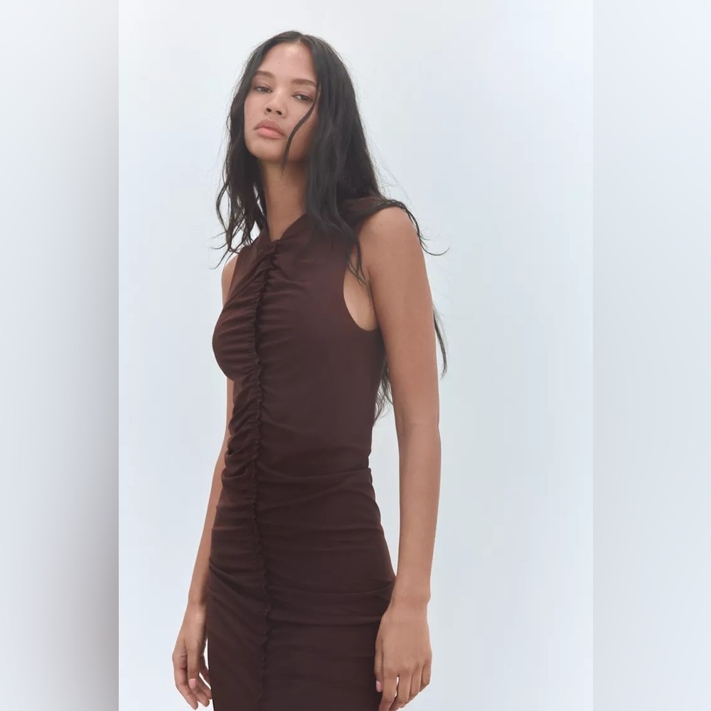 Zara long brown fitted dress midi bodycon evening cocktail casual - Picture 4 of 12